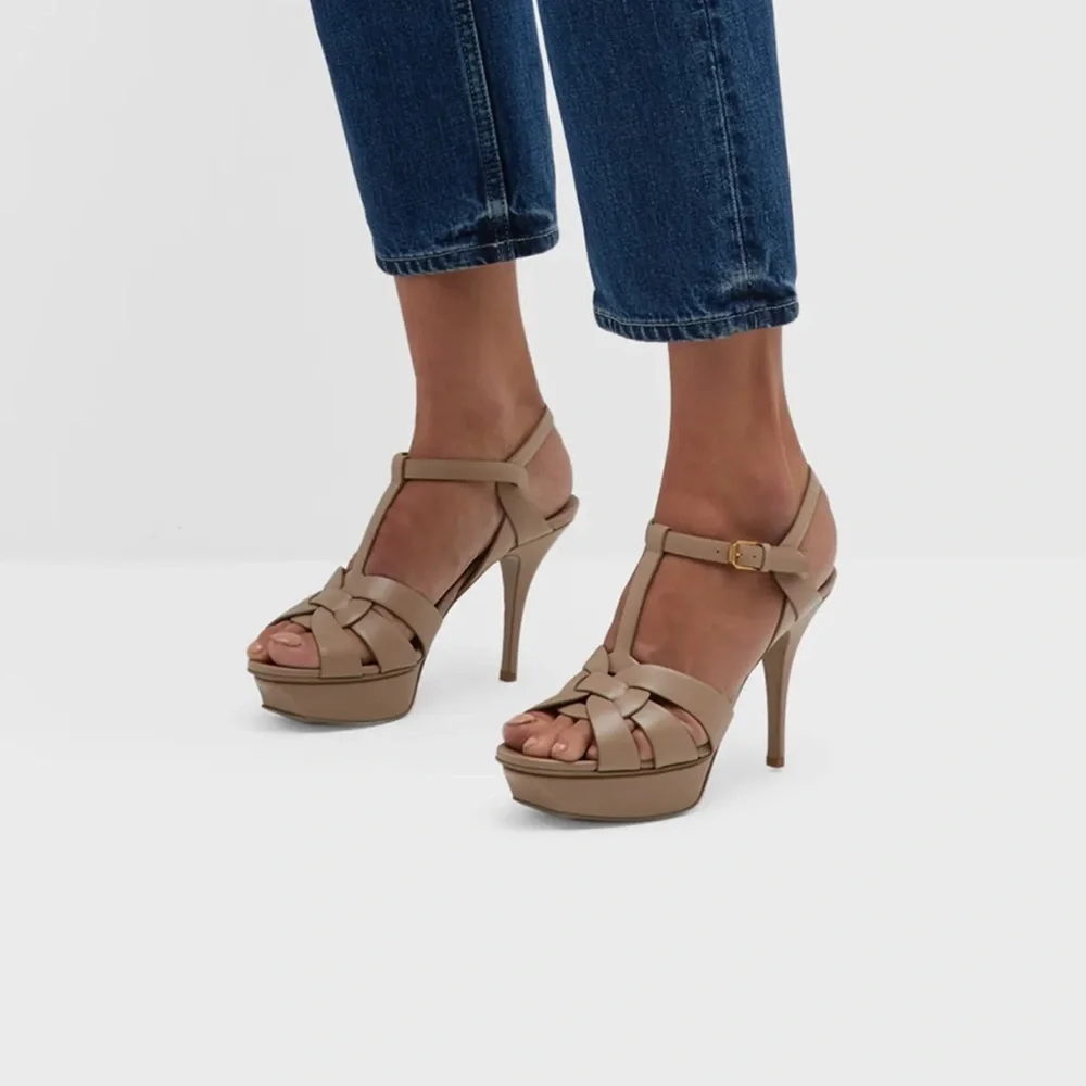 Saint Laurent Tribute Nude Powder 75MM Leather Platform Sandals - Picture 2 of 11